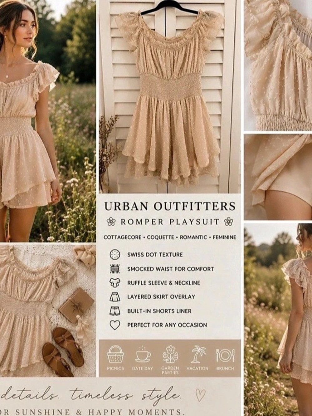 Urban Outfitters Romper Medium Beige Swiss Dot Cottagecore Coquette Milkmaid Y2K